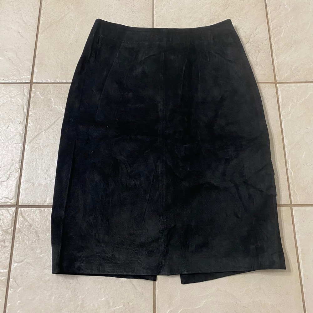 Brass Plum Nordstrom Black Genuine Leather Suede‎ Midi Skirt Size 7